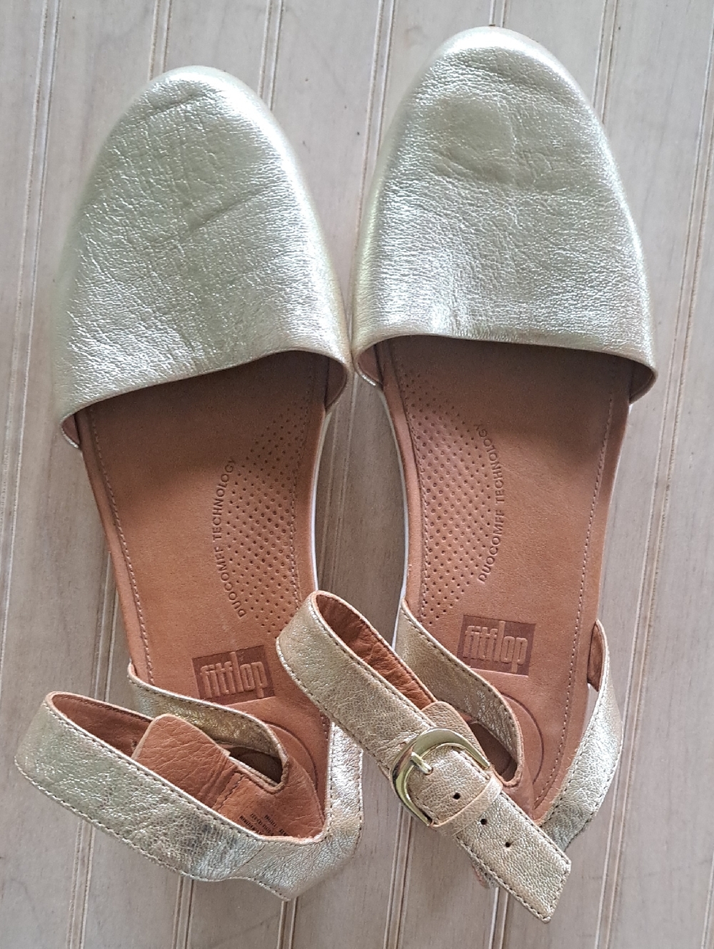 FitFlop Metallic Gold Leather Ankle Strap Sandals Platform Comfort Cushioned
